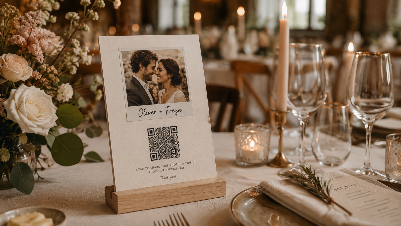 A Polajoy table card in an oak stand