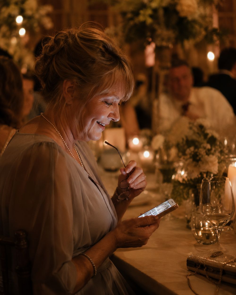 An older wedding guest smiling at wedding photos on her phone at the table