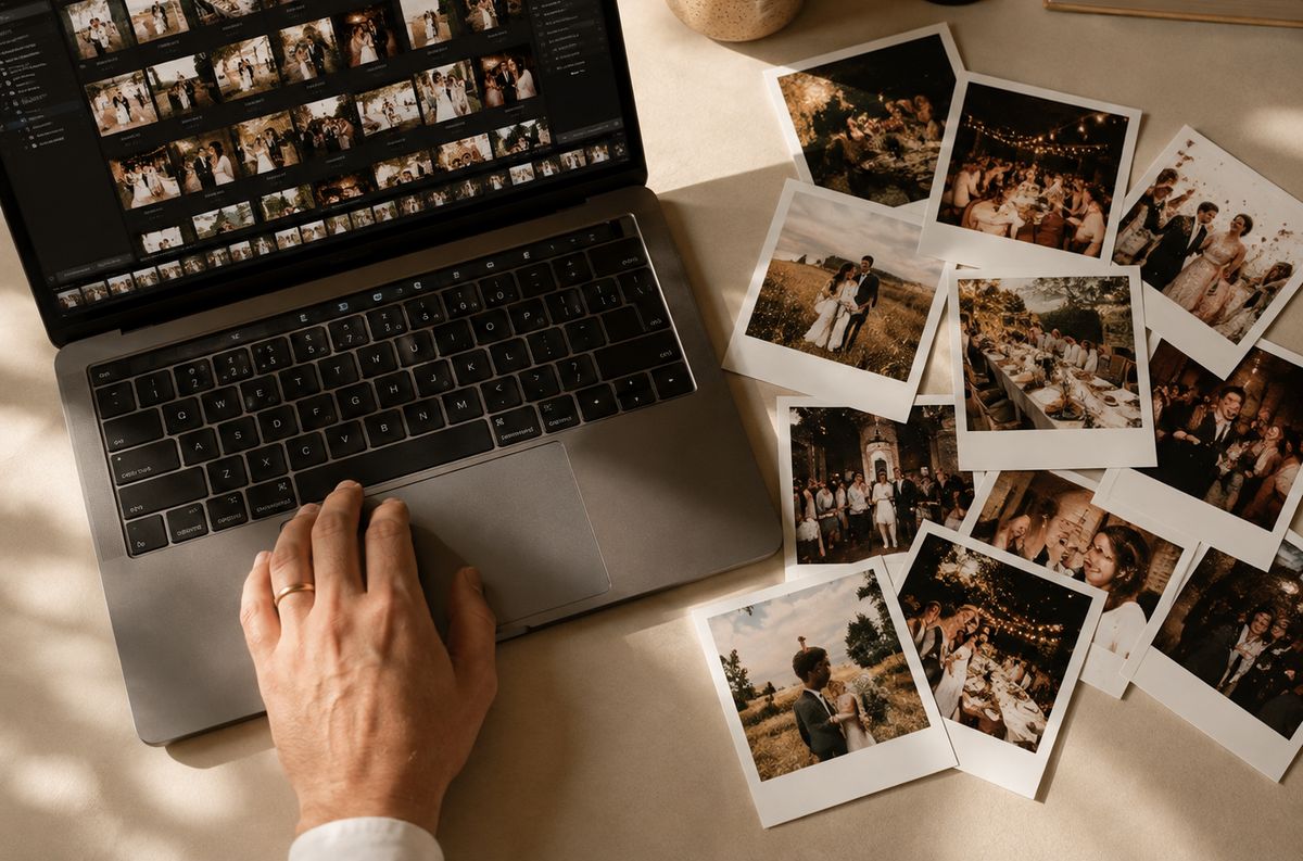 A photographer editing a wedding on a laptop, with retroprints scattered beside it