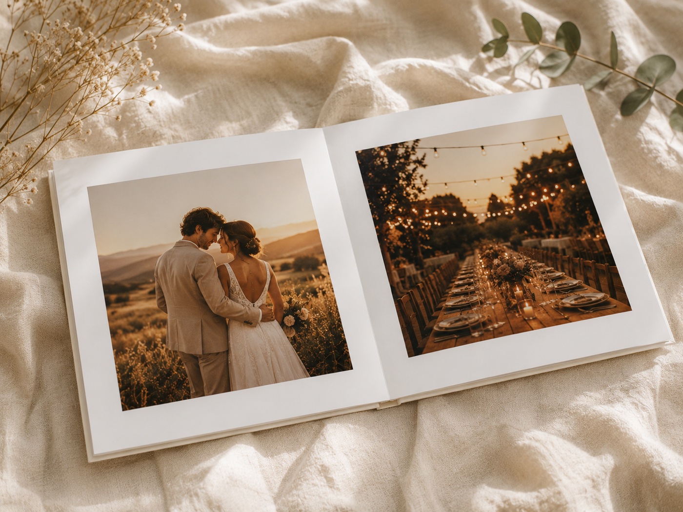 A layflat wedding photo book open flat on linen